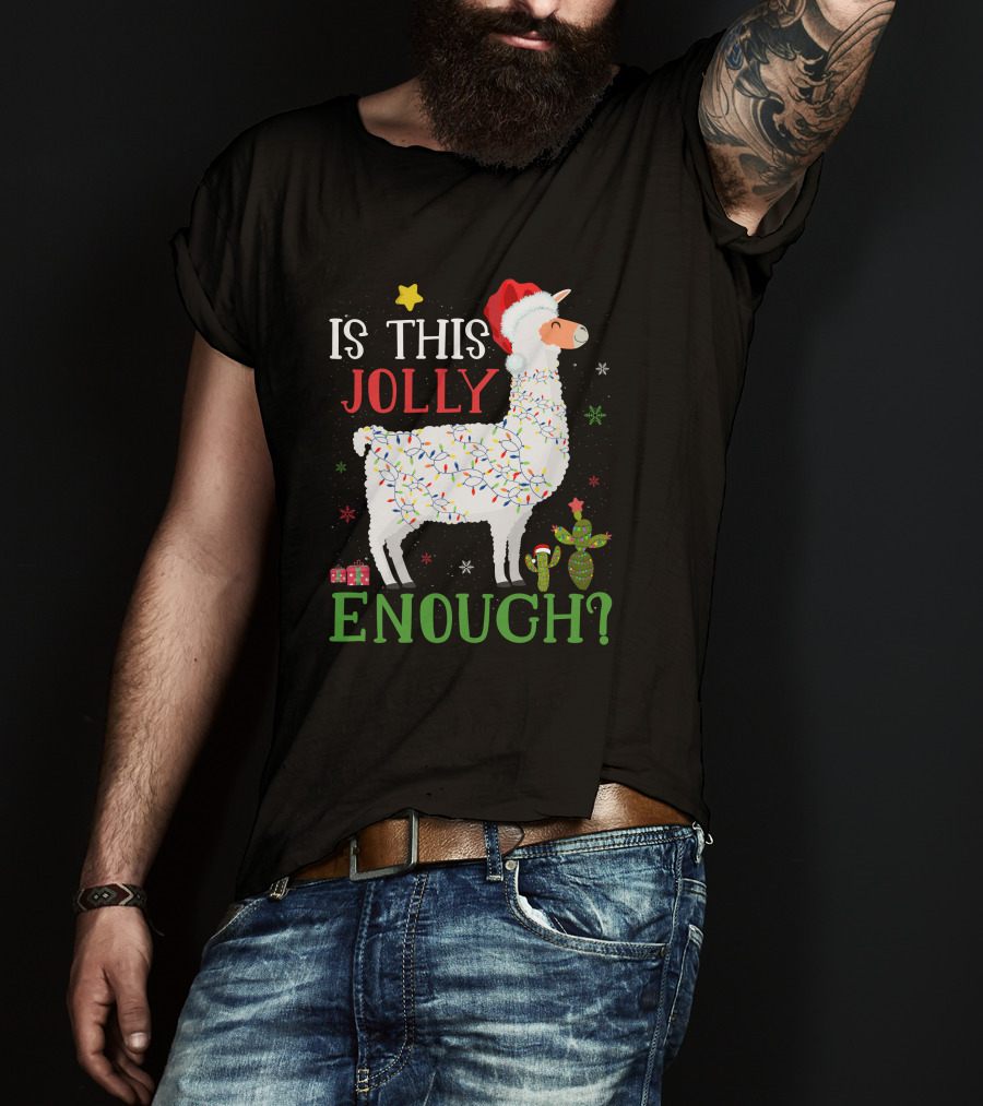 Is This Jolly Enough Christmas Lights Llama Santa Hat T-Shirt