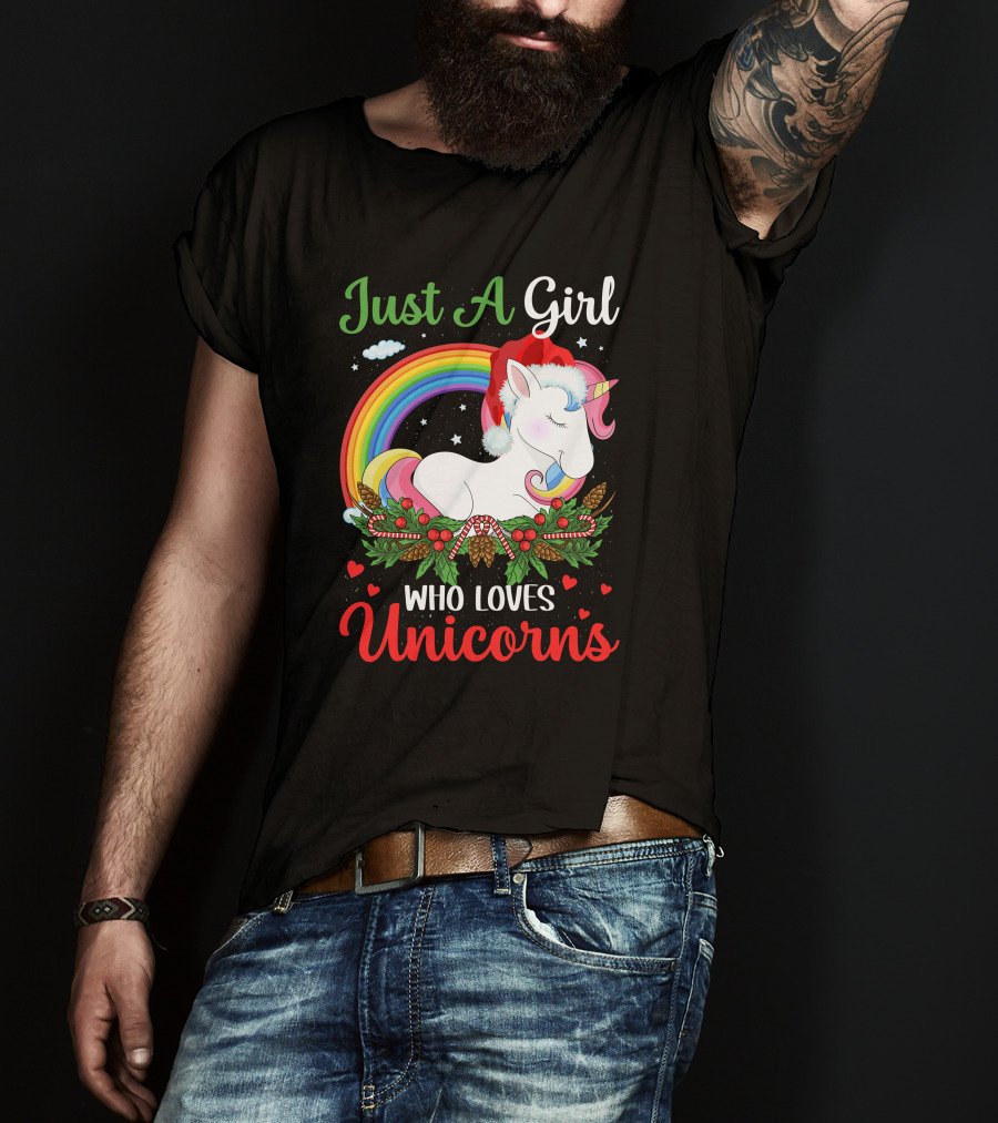 Just A Girl Who Loves Unicorns Rainbow Christmas Santa Hat T-Shirt