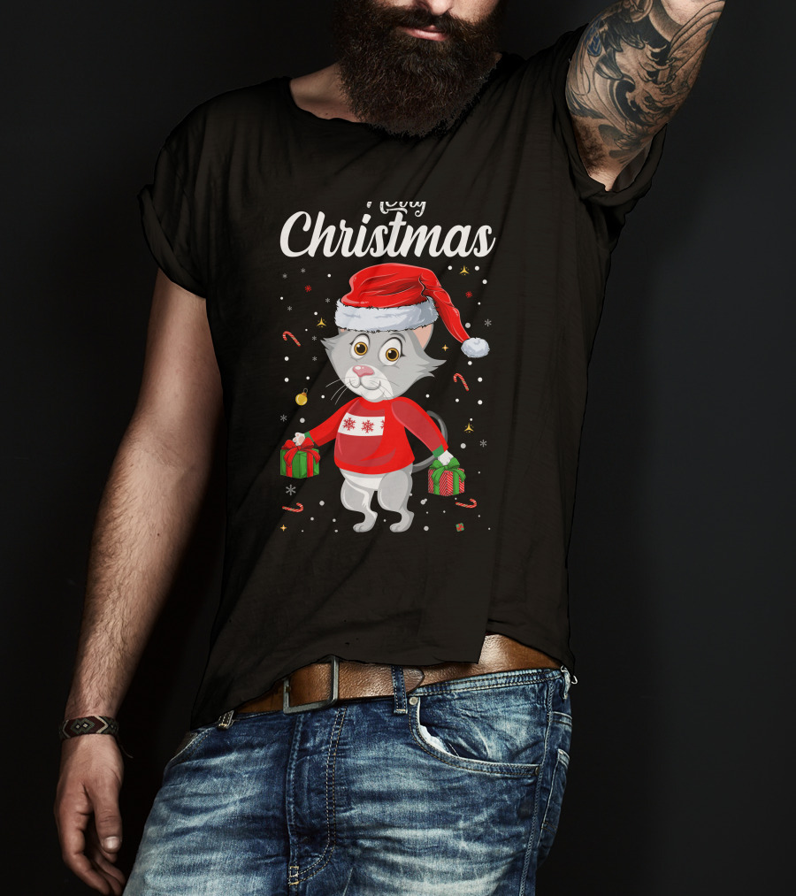 Merry Christmas Catboy With Santa Hat And Gifts T-Shirt