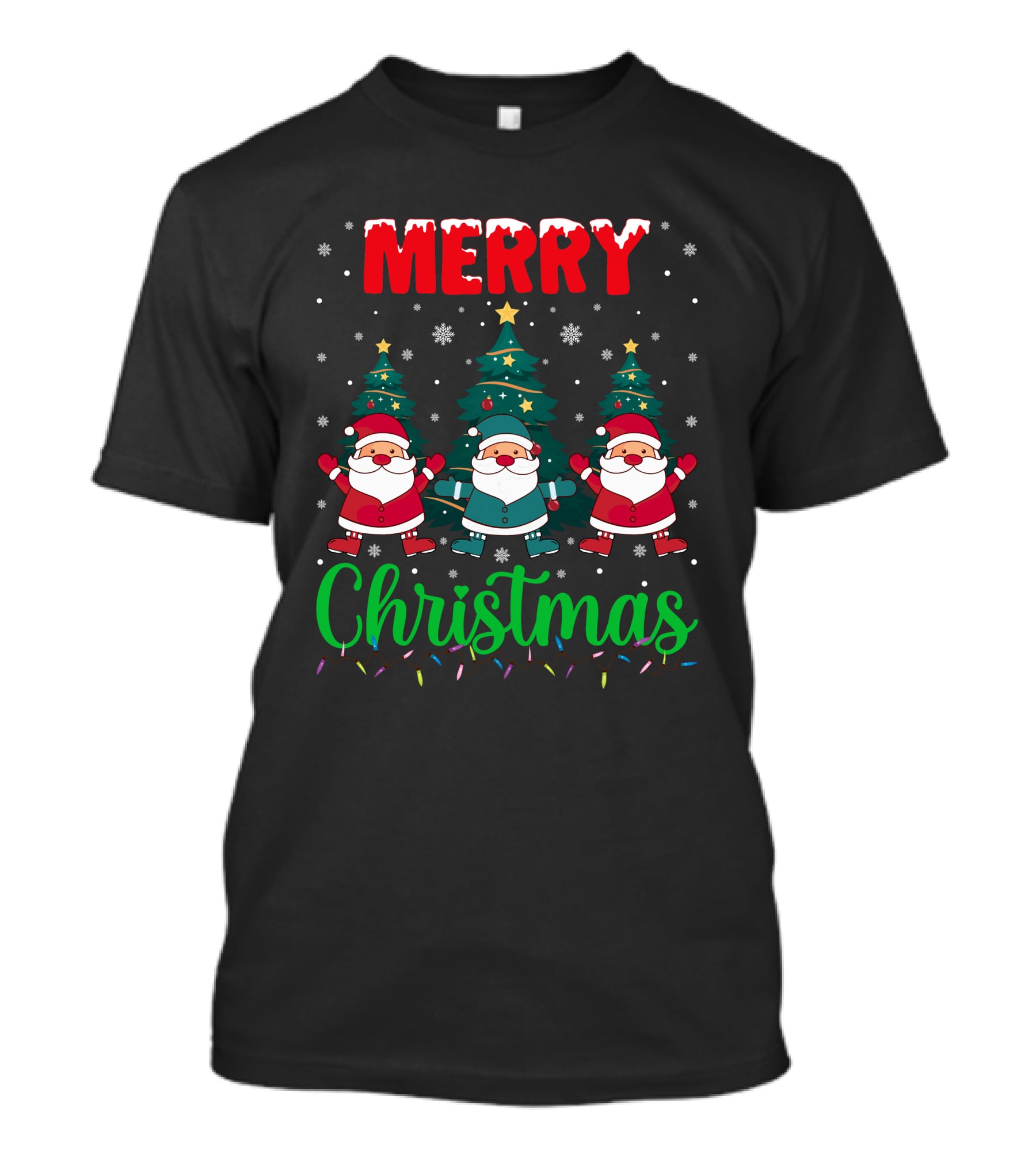 Merry Christmas Santa Gnome Snowflakes Trees Stars Lights T-Shirt