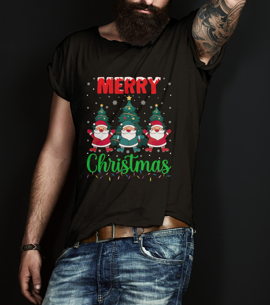 Merry Christmas Santa Gnome Snowflakes Trees Stars Lights T-Shirt