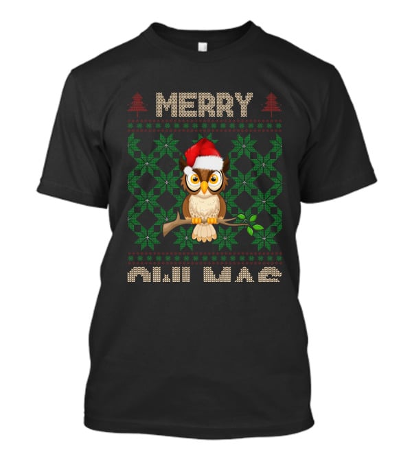 Merry Christmas Owl With Santa Hat And Knitted Tree T-Shirt