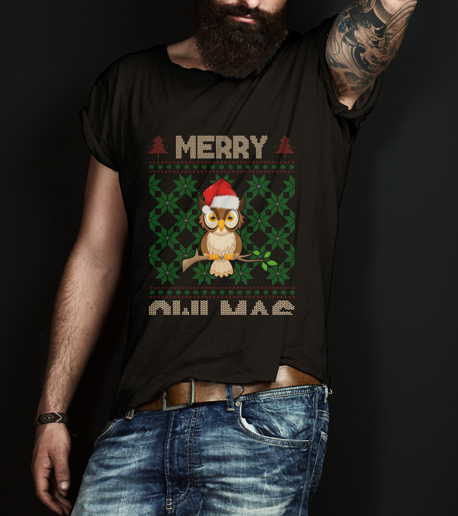 Merry Christmas Owl With Santa Hat And Knitted Tree T-Shirt