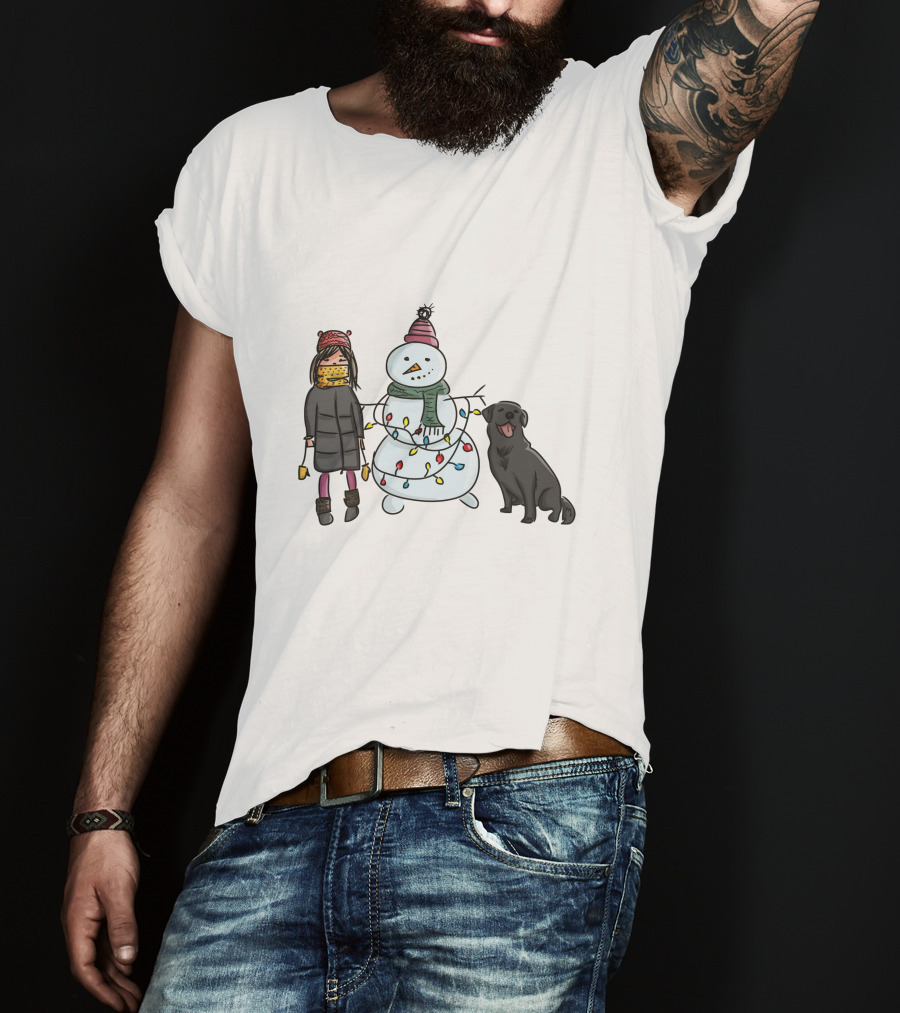 Girl With Yellow Scarf, Dog, And Snowman With Christmas Lights T-Shirt