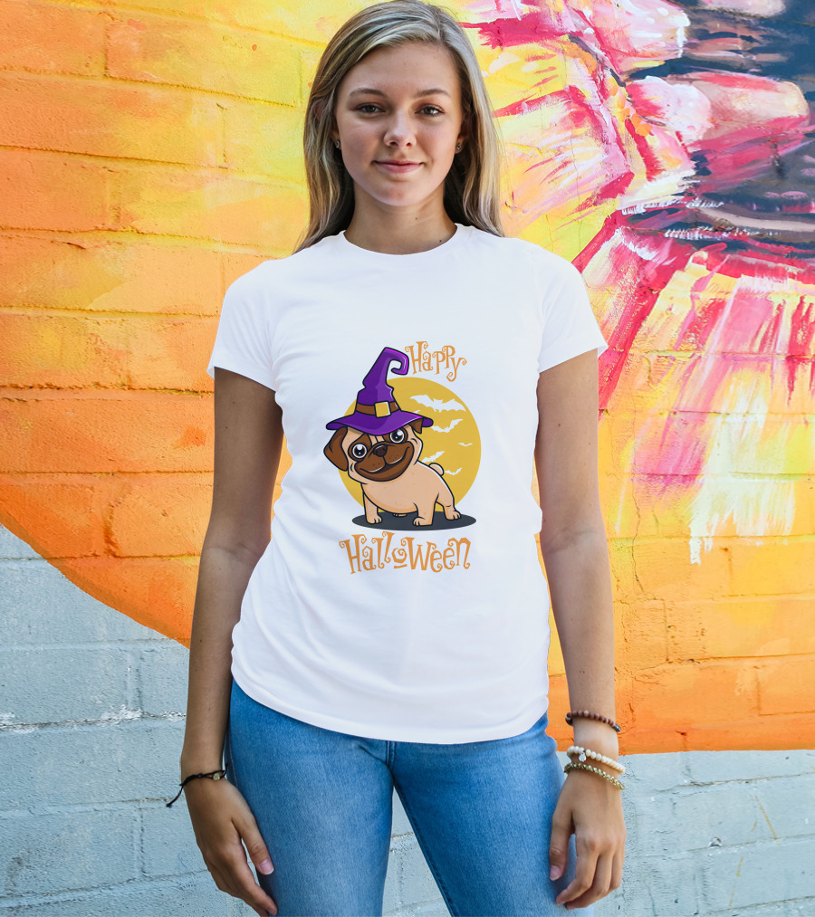 Happy Halloween Dog Witch Hat Full Moon Bats T-Shirt