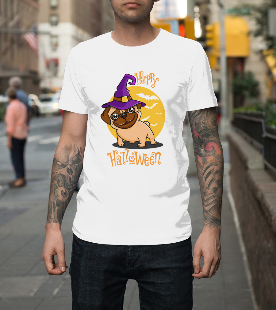 Happy Halloween Dog Witch Hat Full Moon Bats T-Shirt