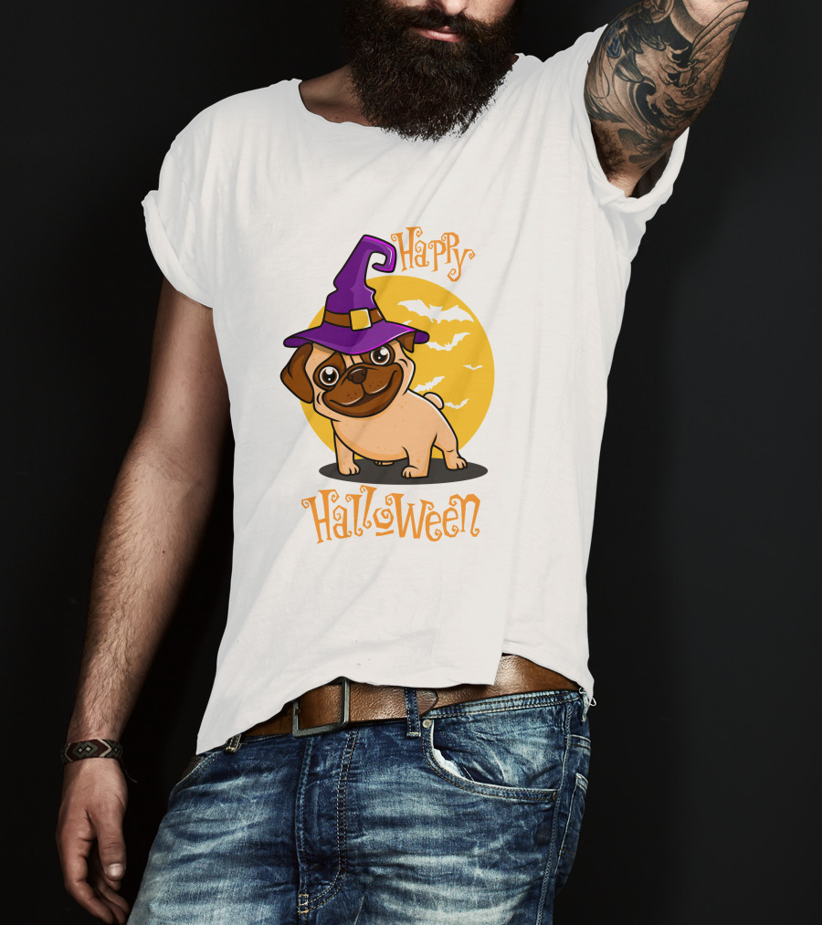 Happy Halloween Dog Witch Hat Full Moon Bats T-Shirt