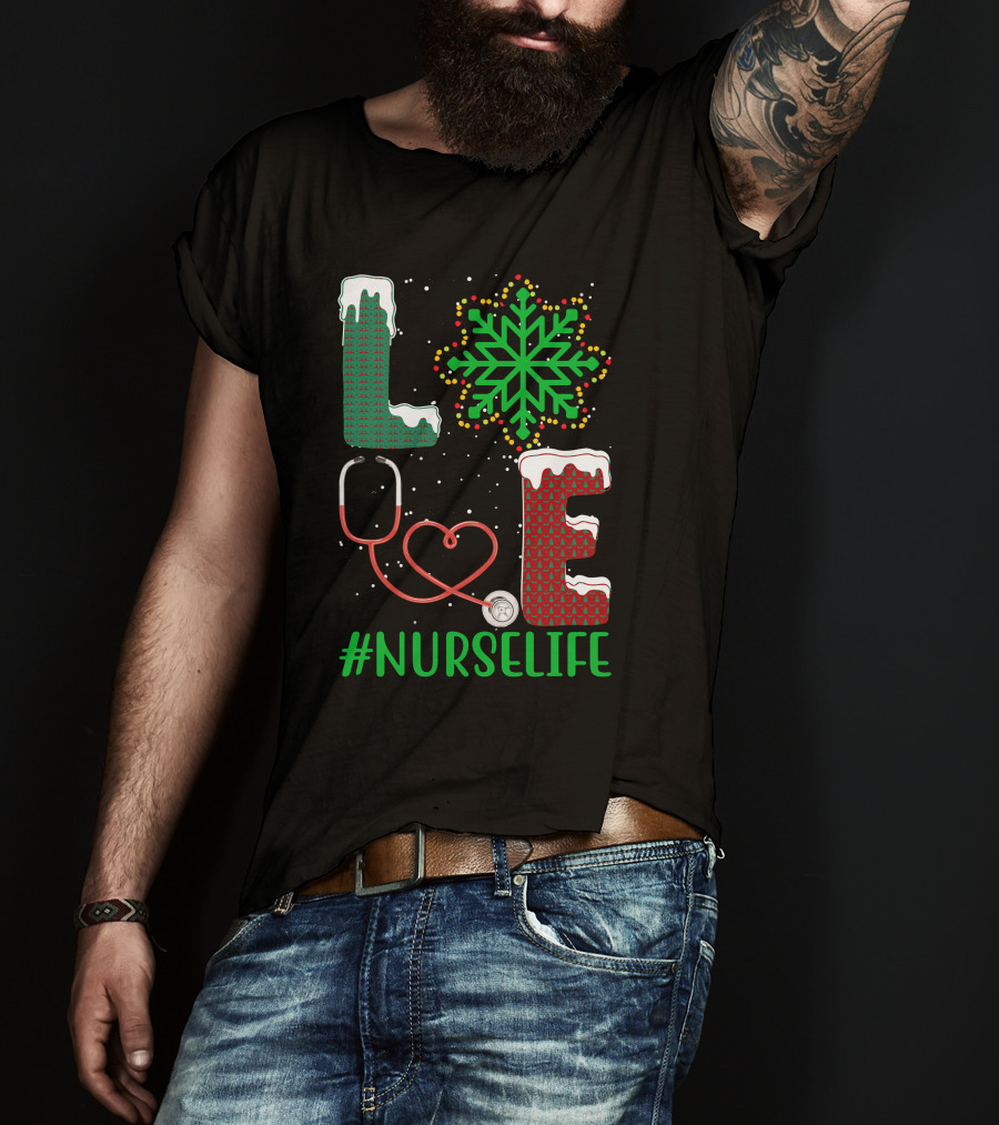 Love Christmas Snowflake Stethoscope #NURSELIFE T-Shirt