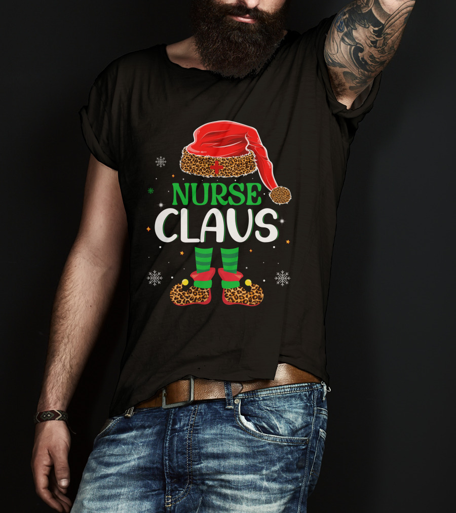 Nurse Claus Christmas Santa Hat Leopard Print Snowflakes T-Shirt