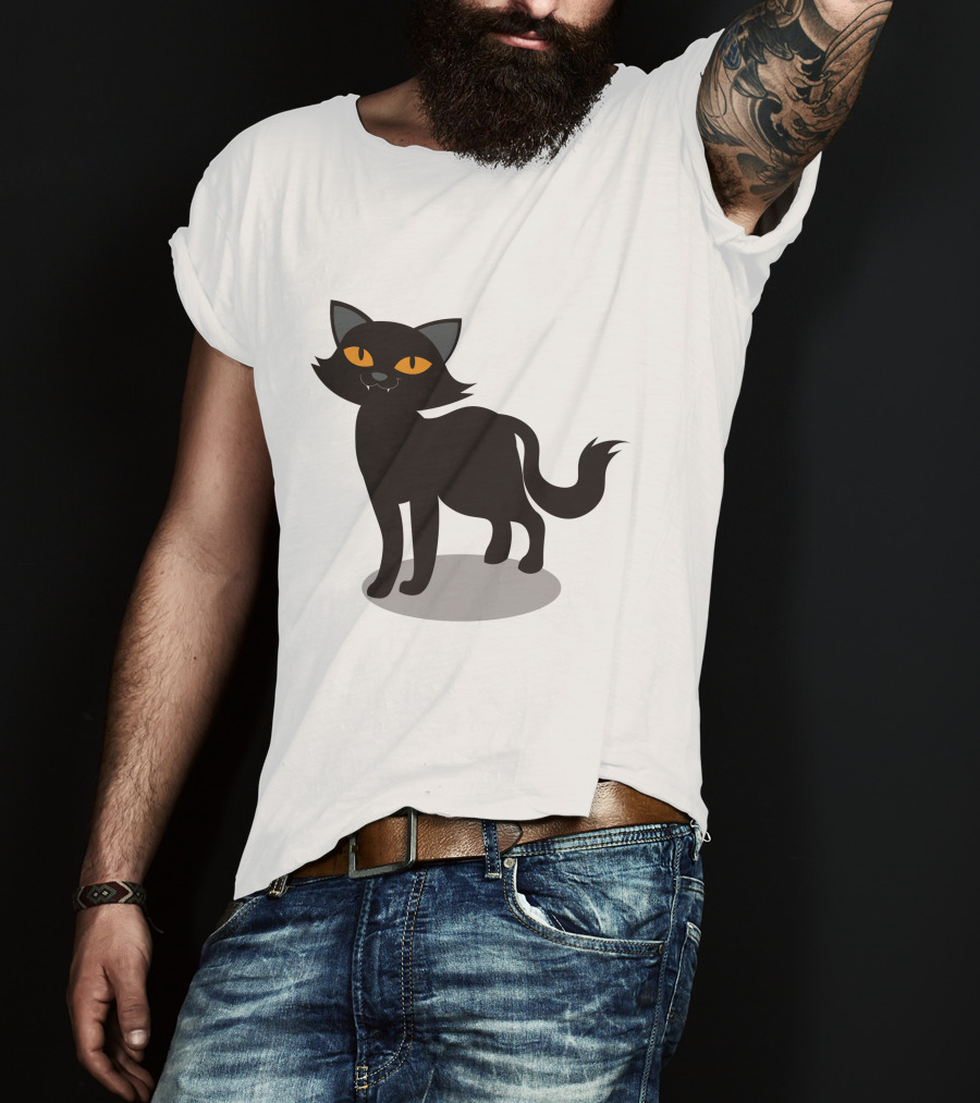 Cartoon Black Cat Illustration With Orange Eyes And Shadow T-Shirt