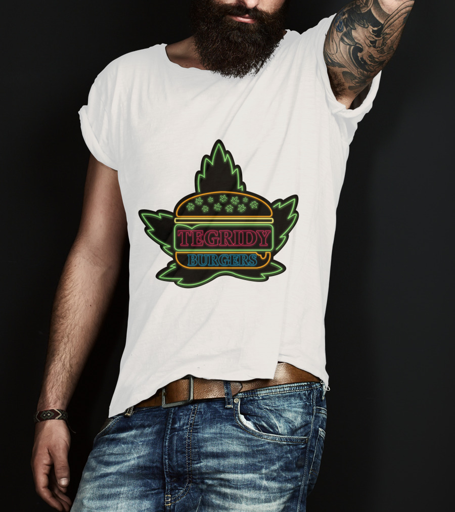 Tegridy Burgers Neon Sign With Leaf And Burger Outline T-Shirt