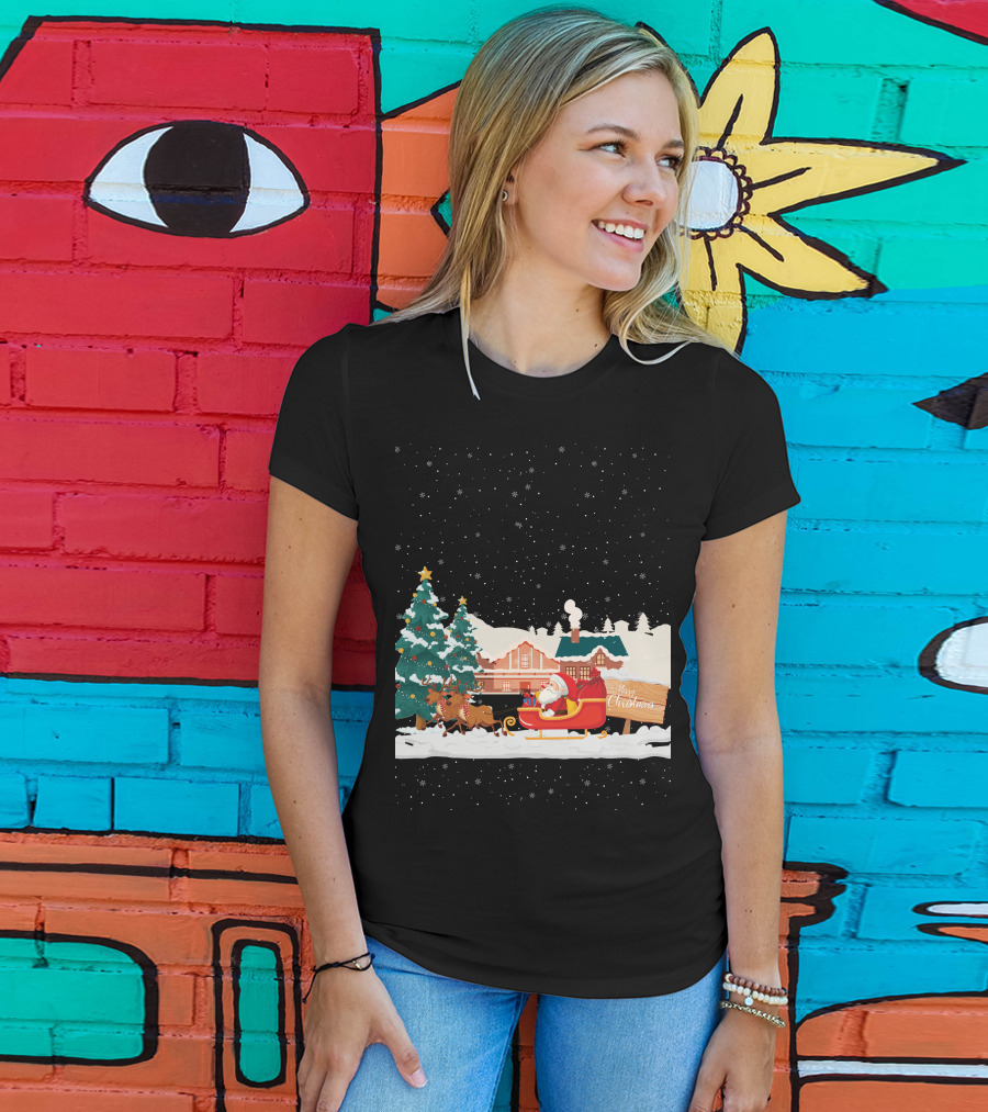 Merry Christmas Santa Claus Reindeer Sleigh Winter Scene T-Shirt
