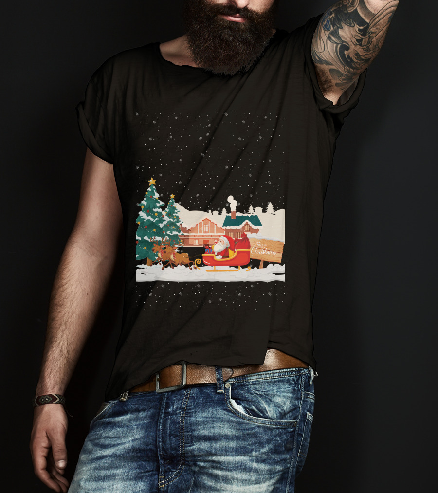Merry Christmas Santa Claus Reindeer Sleigh Winter Scene T-Shirt