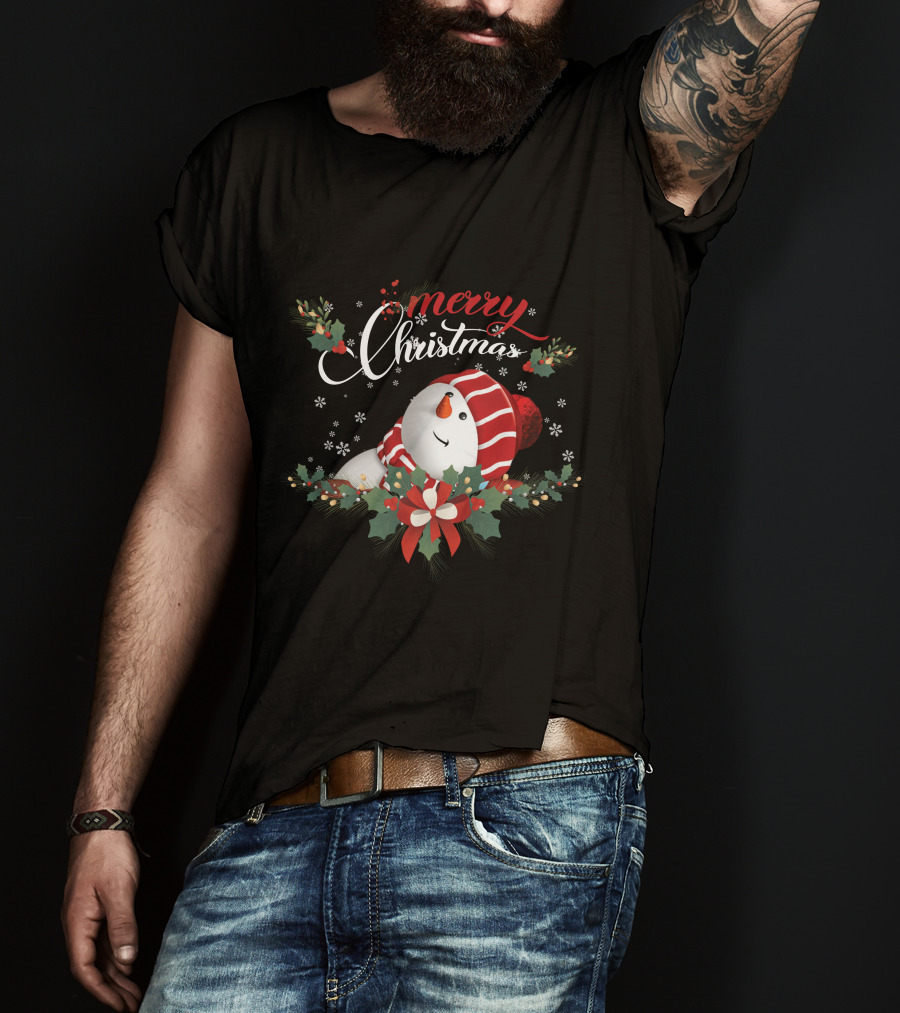 Merry Christmas Snowman With Holly And Snowflakes T-Shirt