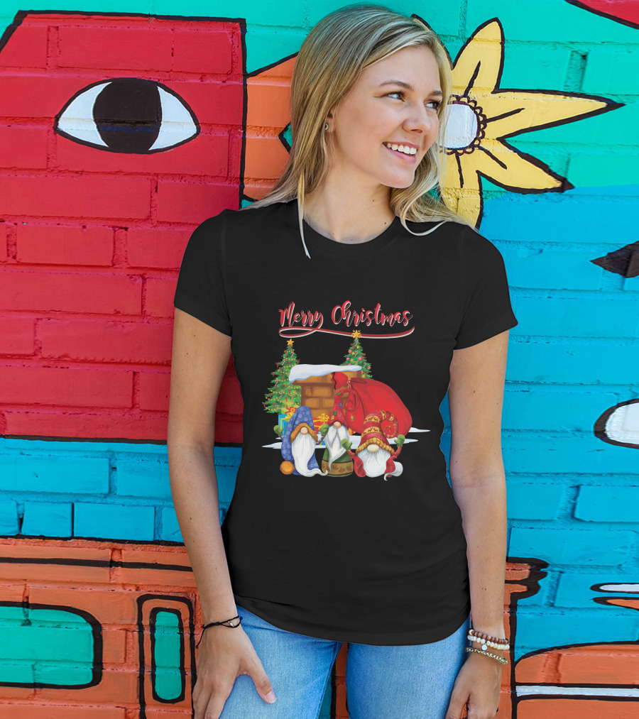 Merry Christmas Funny Gnomes With Santa's Sack And Festive Trees T-Shirt