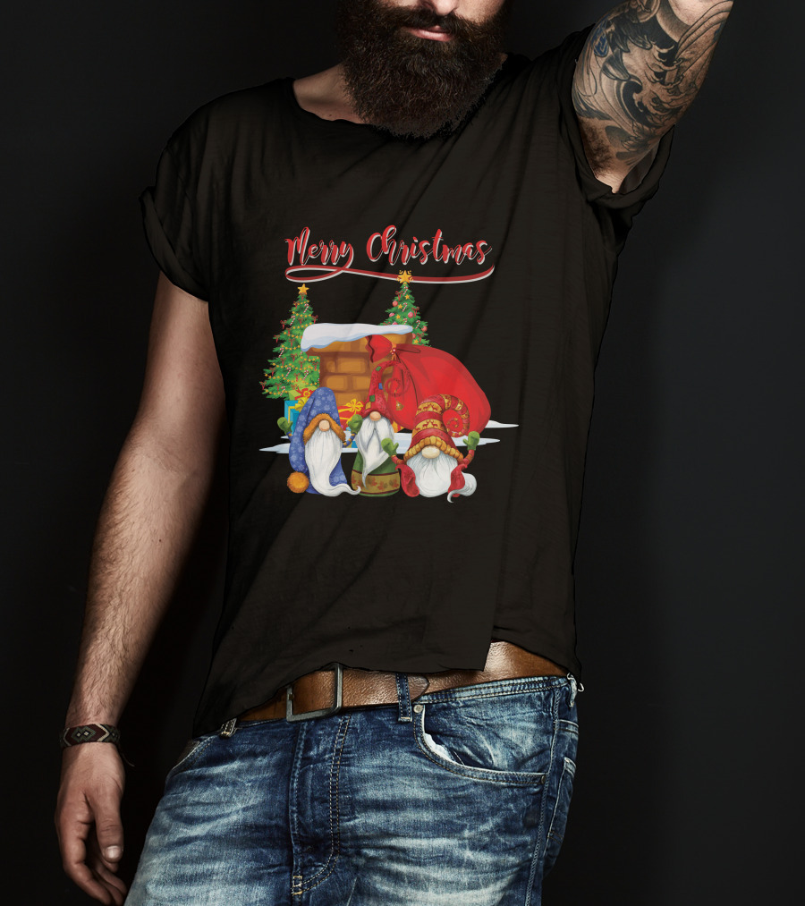 Merry Christmas Funny Gnomes With Santa's Sack And Festive Trees T-Shirt