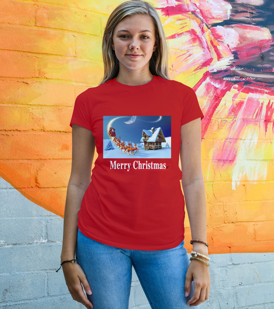 Merry Christmas Santa Sleigh Flying Over Snowy Cabin Scene T-Shirt