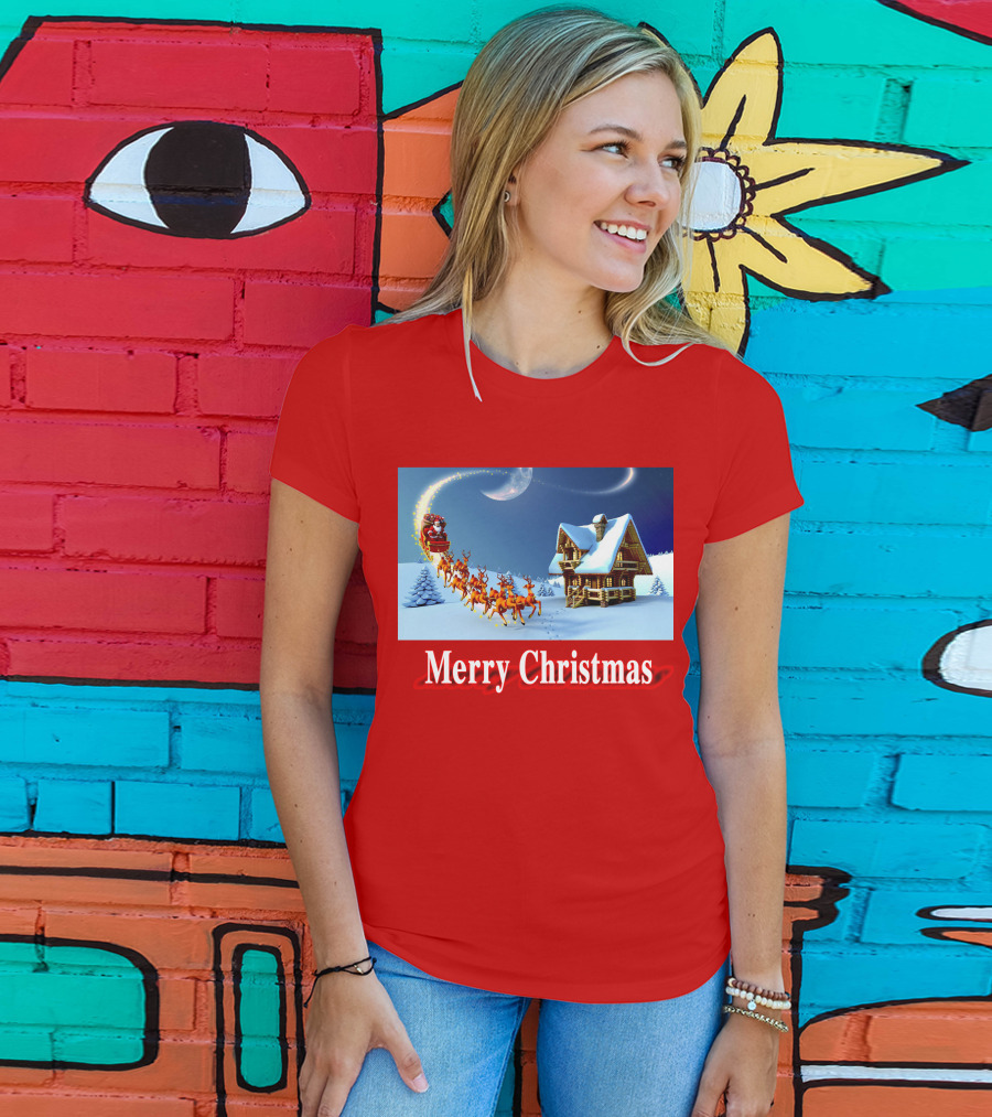 Merry Christmas Santa Sleigh Flying Over Snowy Cabin Scene T-Shirt