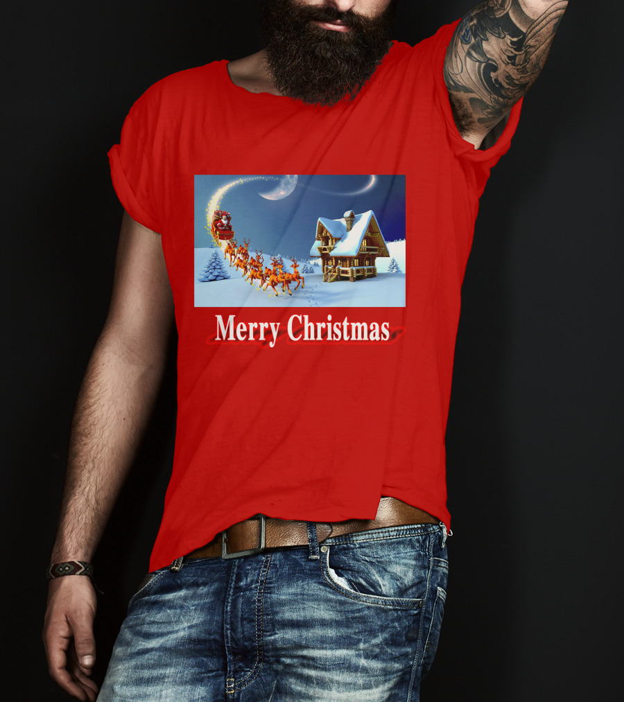 Merry Christmas Santa Sleigh Flying Over Snowy Cabin Scene T-Shirt