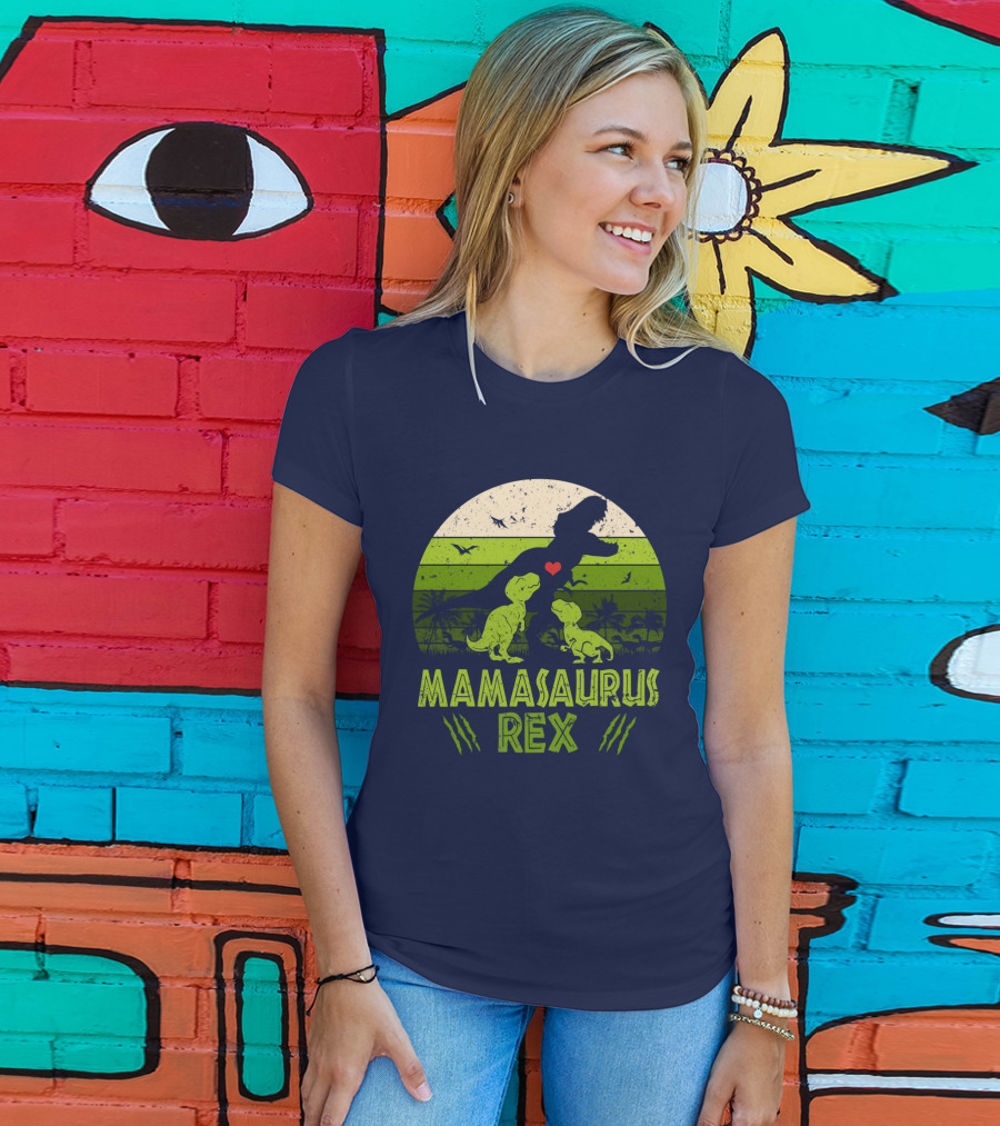 Kid Dinosaur Love For MamaSaurus Rex With Green Jungle Scene And Heart T-Shirt