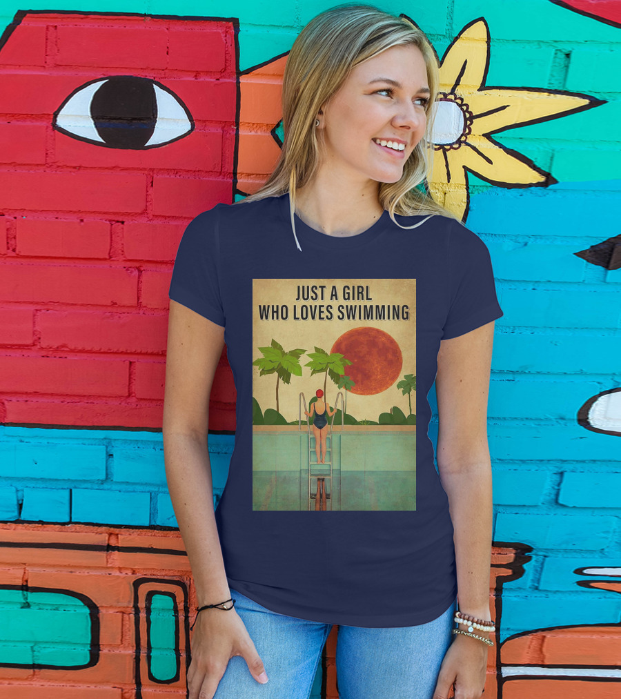 Just A Girl Who Loves Swimming With Palm Trees And Red Sun T-Shirt