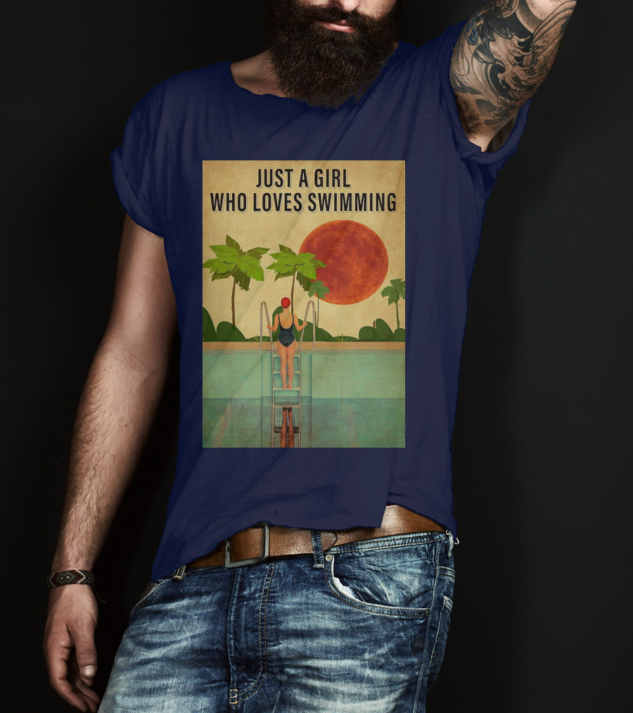 Just A Girl Who Loves Swimming With Palm Trees And Red Sun T-Shirt
