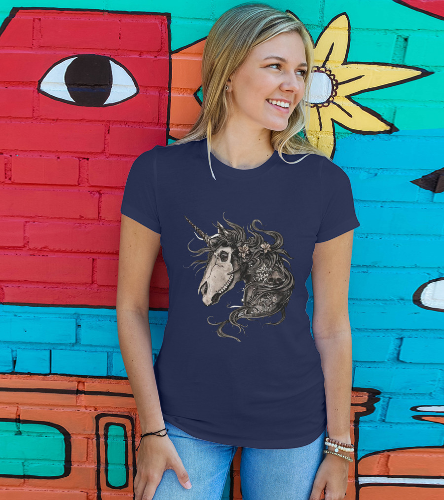 Floral Skull Unicorn Head With Flowers And Dark Mane T-Shirt