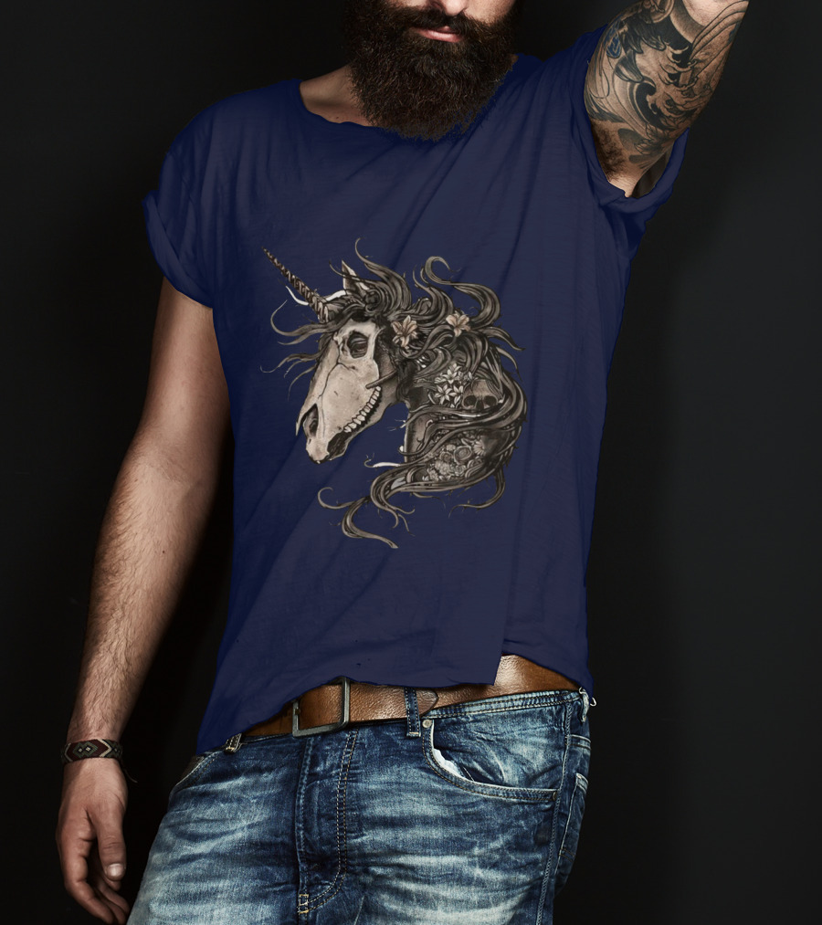 Floral Skull Unicorn Head With Flowers And Dark Mane T-Shirt