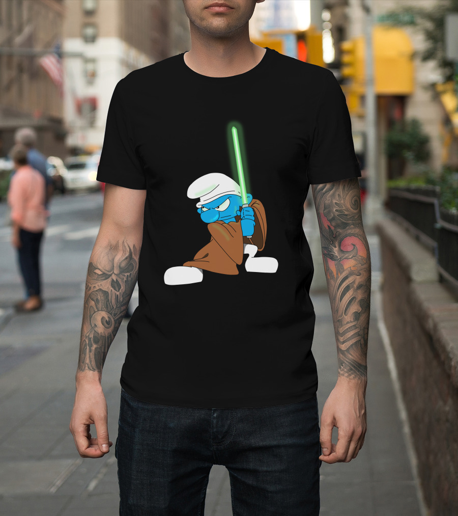 Smurf Jedi With Green Lightsaber In Star Wars-Inspired Crossover T-Shirt