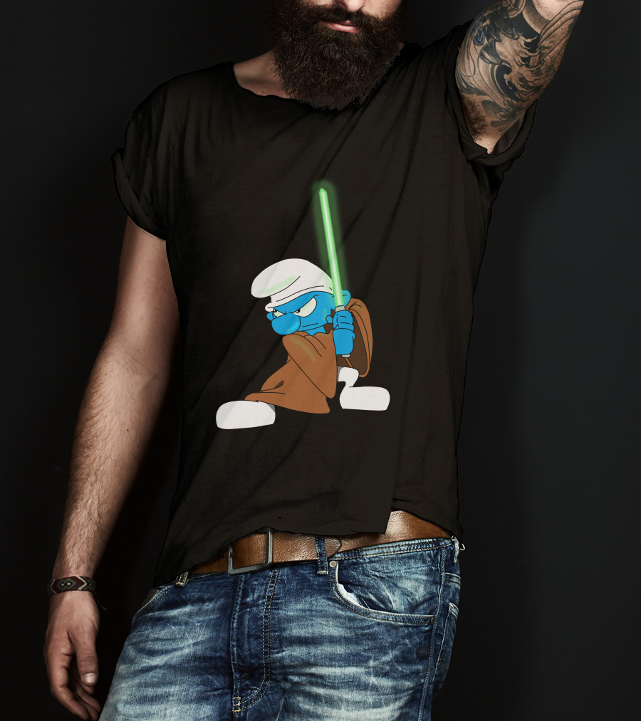 Smurf Jedi With Green Lightsaber In Star Wars-Inspired Crossover T-Shirt
