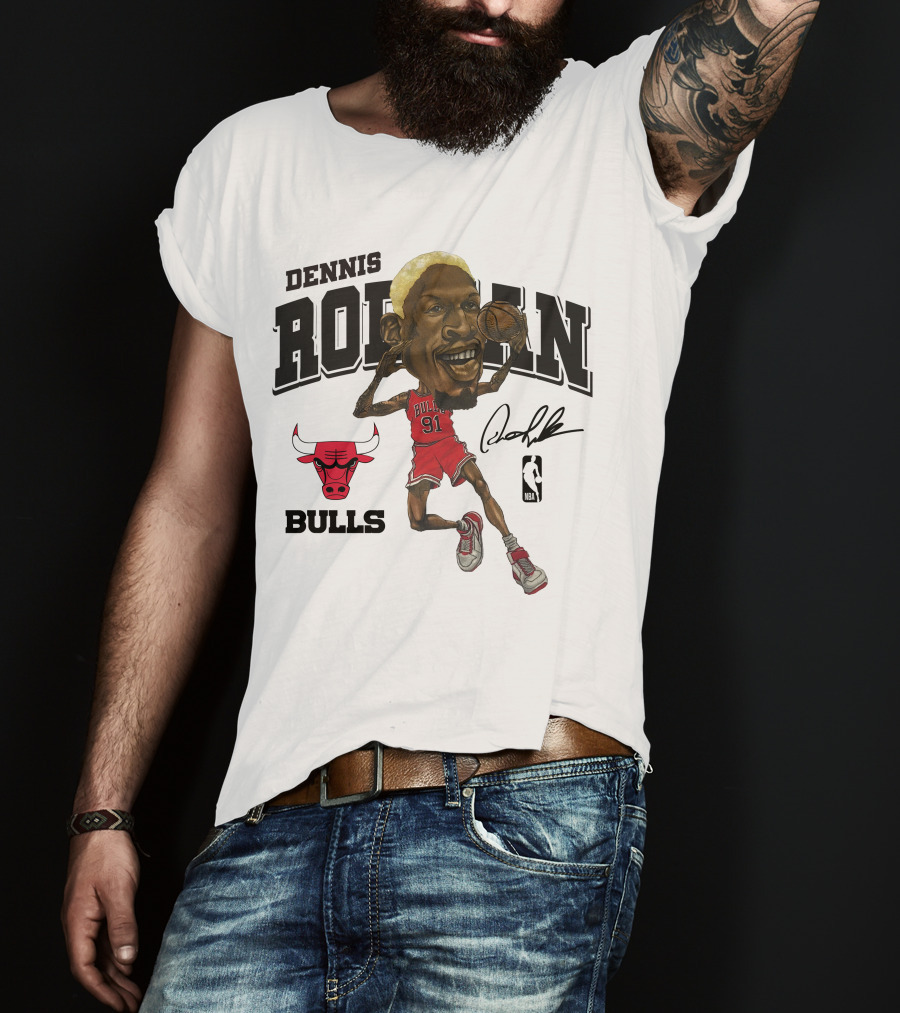 Dennis Rodman 91 Chicago Bulls NBA Caricature Signature Mitchell And Ness T-Shirt