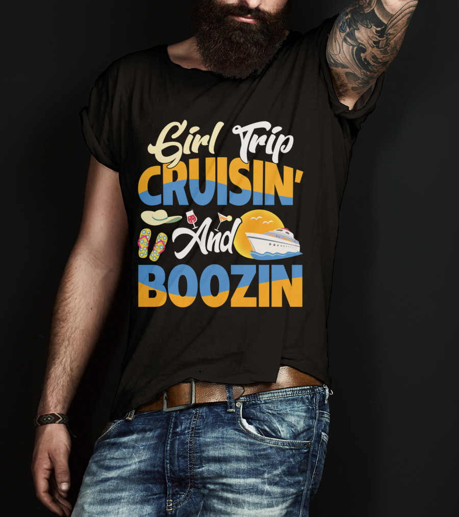 Girl Trip Cruisin' And Boozin' With Flip-Flops, Sun Hat, Drinks, And Cruise Ship Sunset T-Shirt