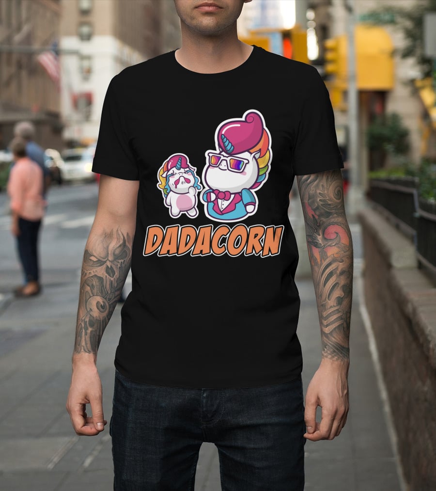 Dadacorn Unicorn Dad and Baby with Rainbow Outfits and Sunglasses T-Shirt