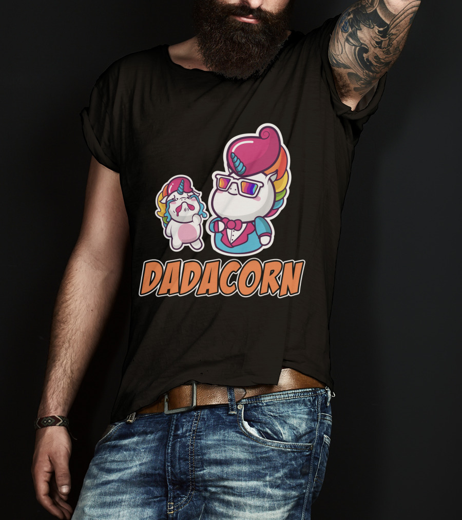 Dadacorn Unicorn Dad And Baby With Rainbow Outfits And Sunglasses T-Shirt