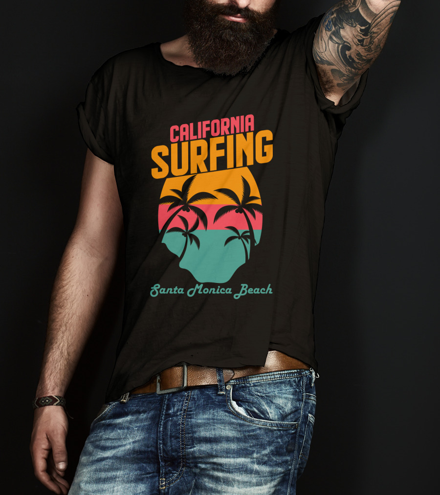California Surfing Santa Monica Beach Sunset Palm Trees T-Shirt