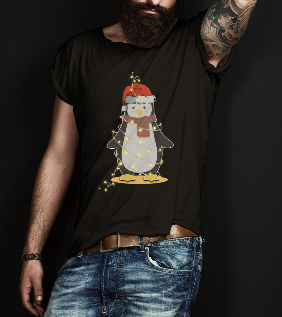 Penguin Wrapped In Christmas Lights With Santa Hat And Scarf T-Shirt