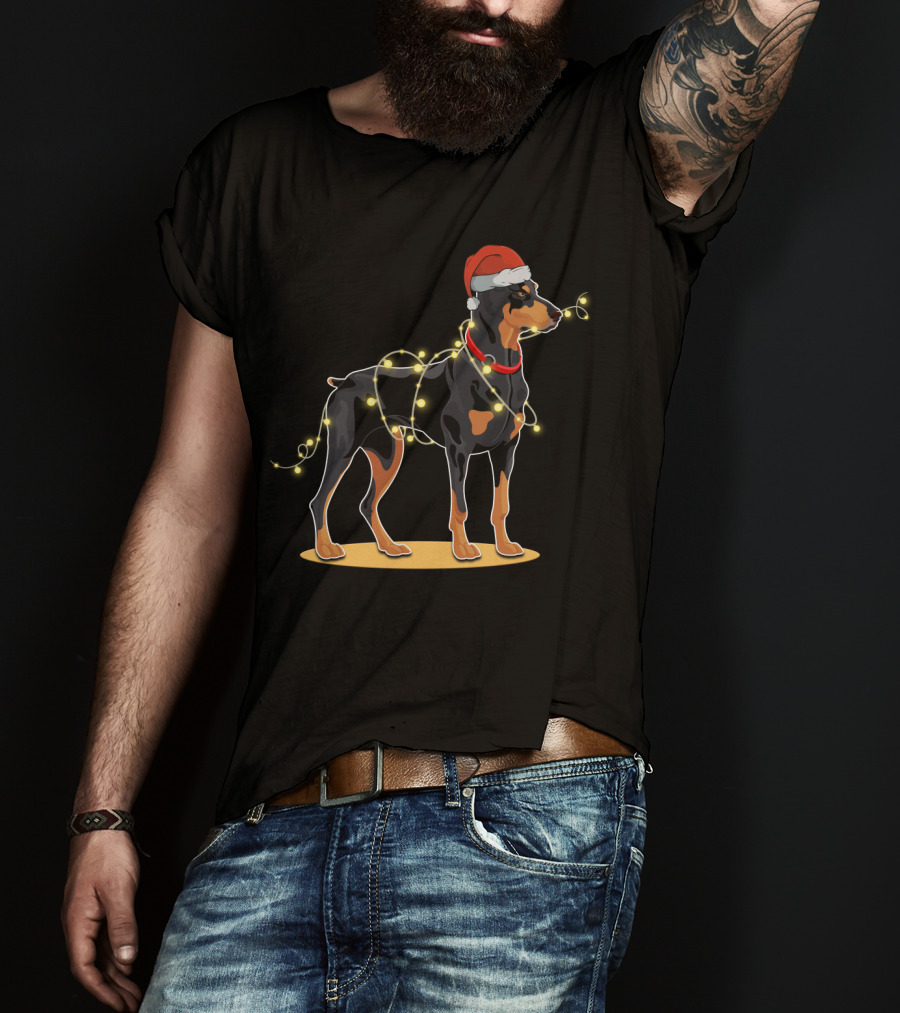 Doberman Wearing Santa Hat With Christmas Lights T-Shirt