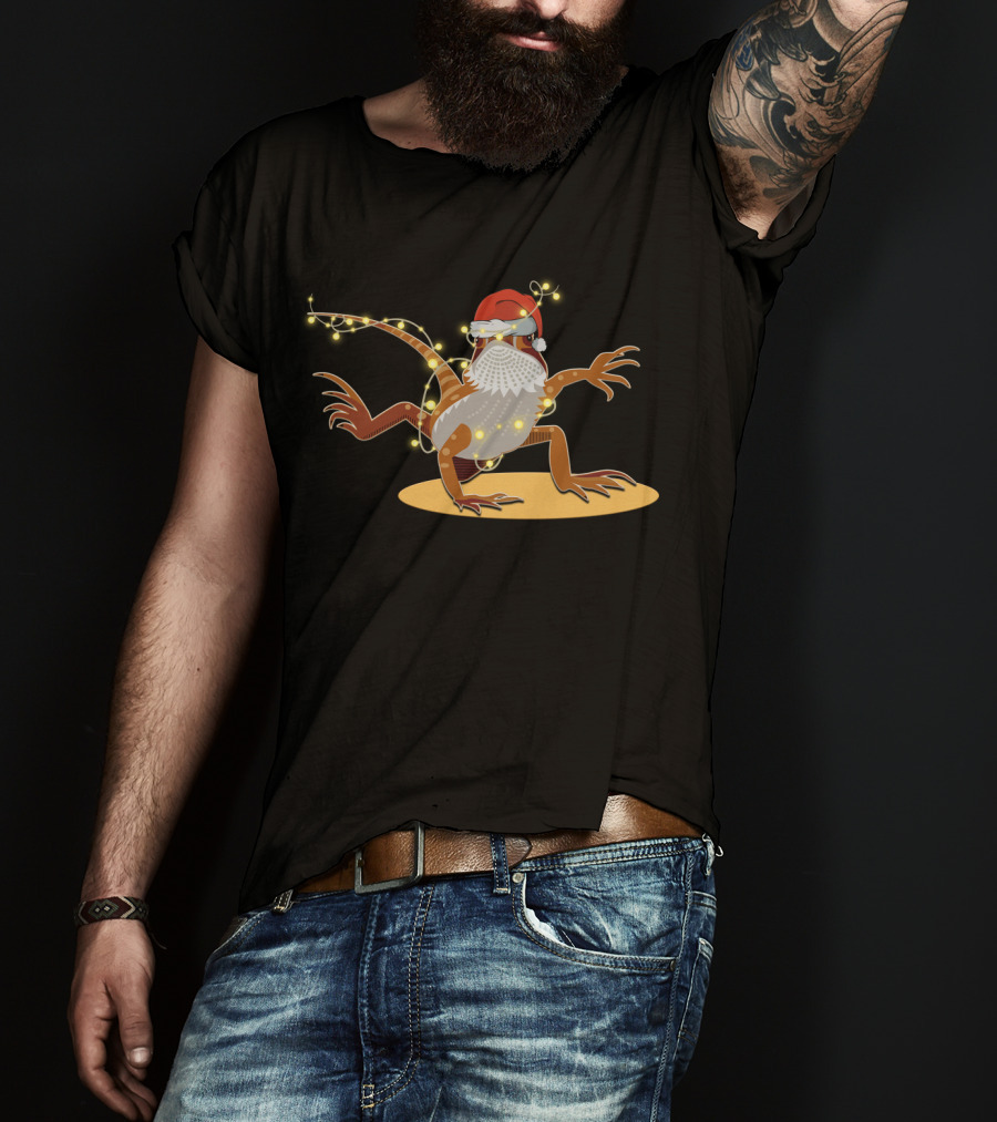 Santa Hat Bearded Dragon Wrapped In Christmas Lights T-Shirt