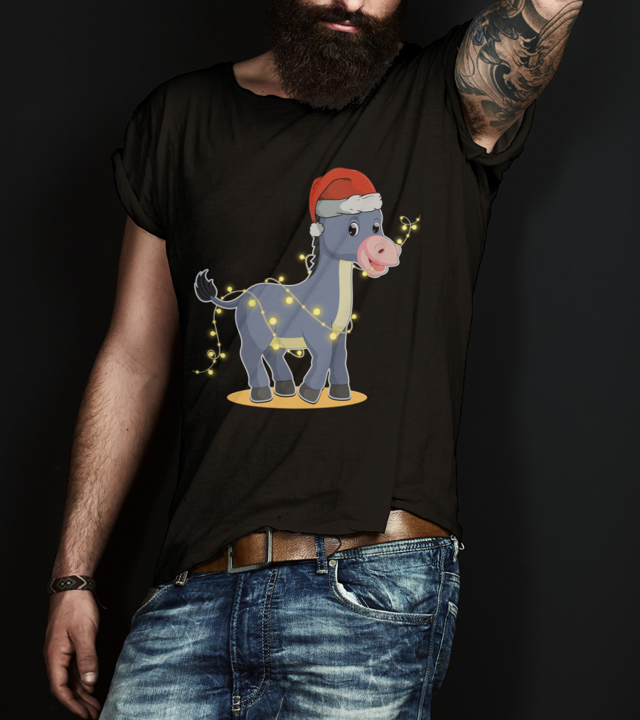 Christmas Lights Donkey With Santa Hat Holiday T-Shirt