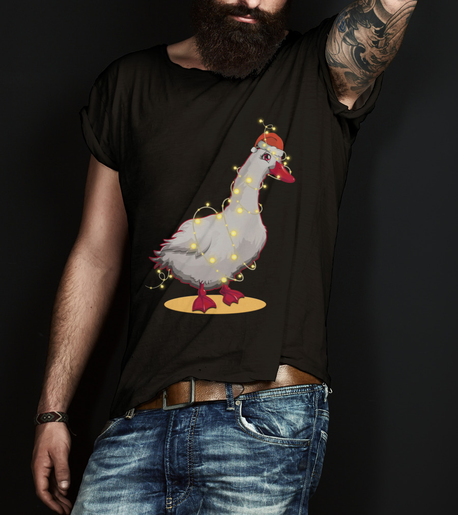 Christmas Lights Duck Wrapped In Festive String With Santa Hat T-Shirt