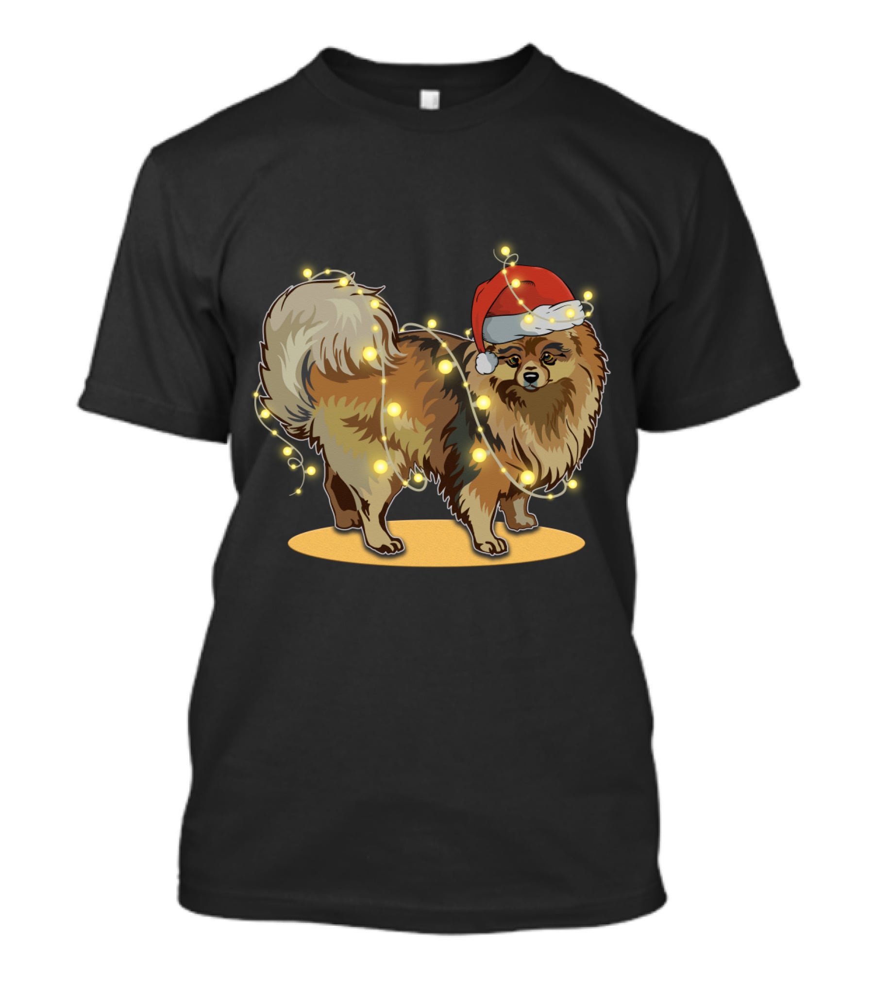 Pomeranian Wrapped In Christmas Lights Wearing Santa Hat T-Shirt