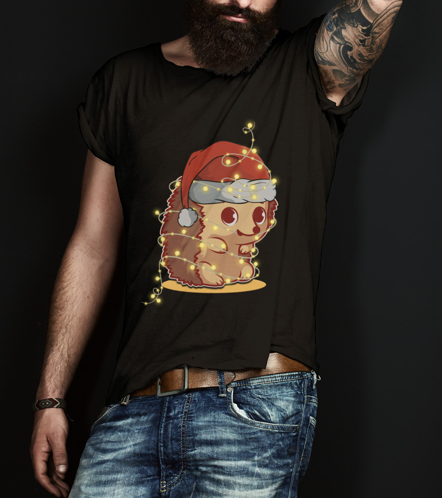 Santa Hat Festive Christmas Lights Hedgehog T-Shirt
