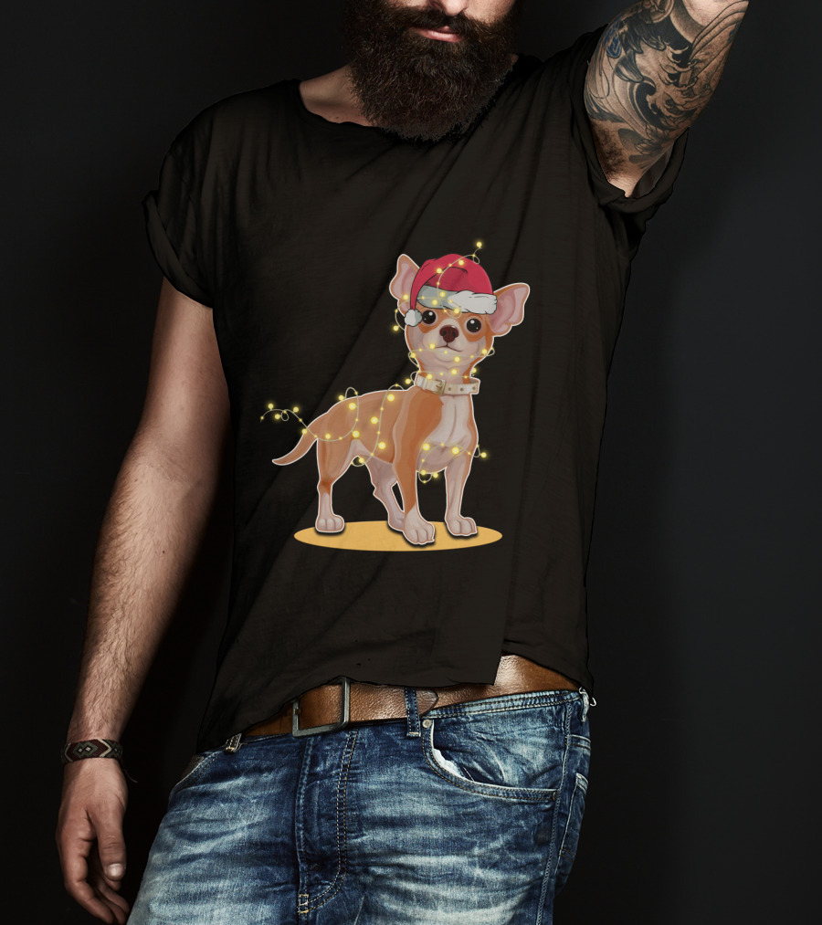 Chihuahua Wrapped In Festive Christmas Lights Wearing Santa Hat T-Shirt