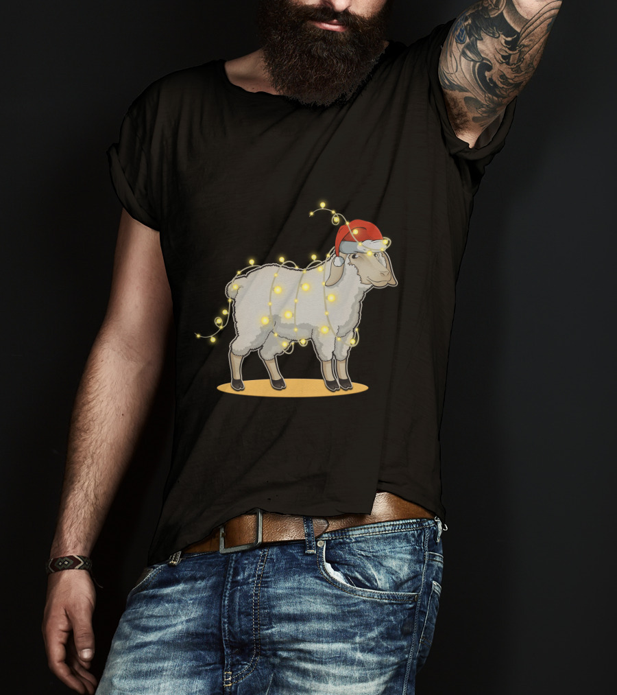 Sheep Wrapped In Christmas Lights With Santa Hat Holiday Decor T-Shirt