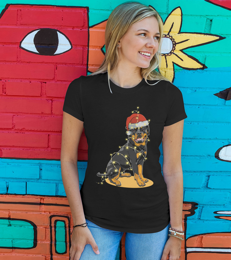 Rottweiler Wrapped In Christmas Lights With Santa Hat T-Shirt