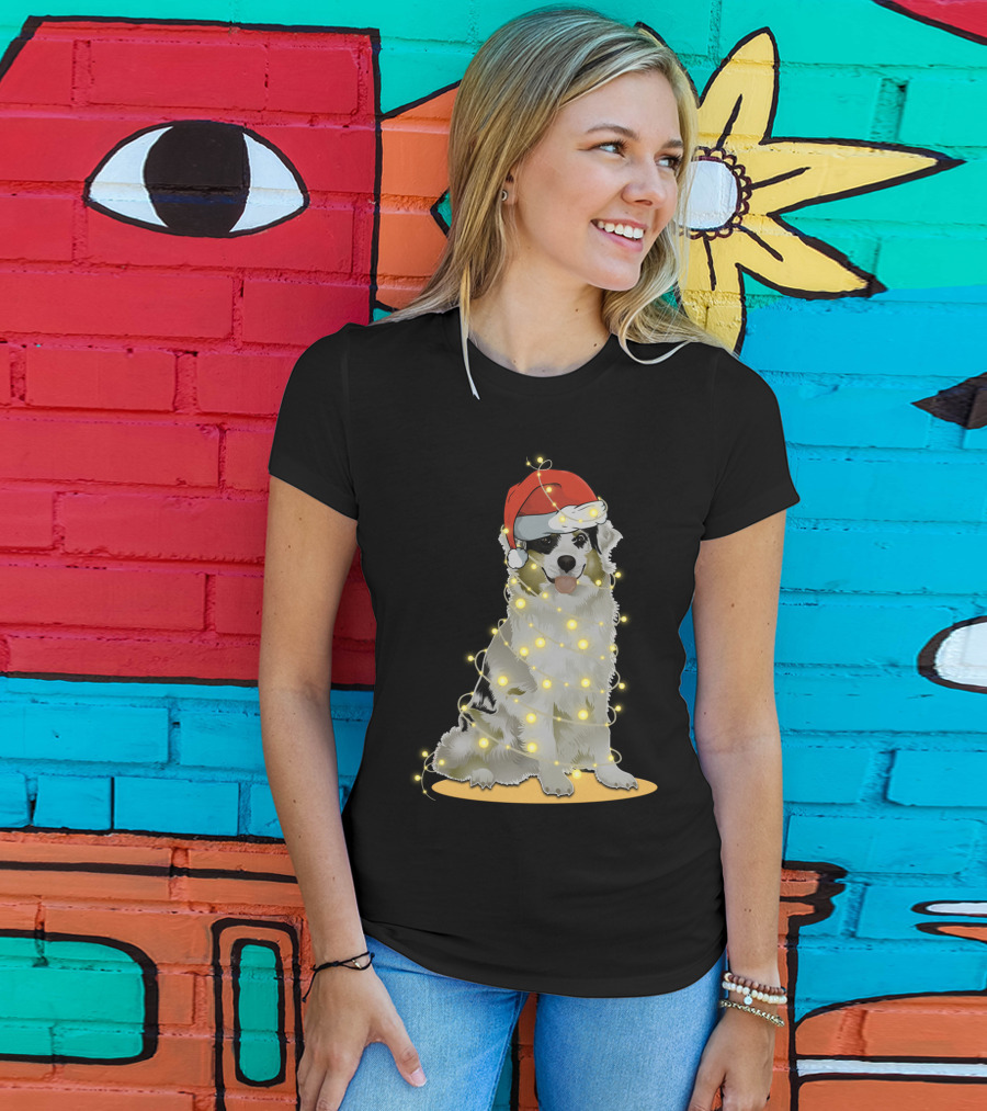 Santa Hat Australian Shepherd Wrapped In Christmas Lights T-Shirt
