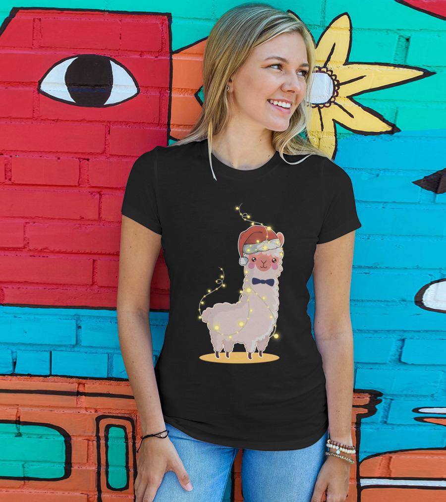Alpaca Wrapped In Christmas Lights Wearing Santa Hat And Bow Tie T-Shirt
