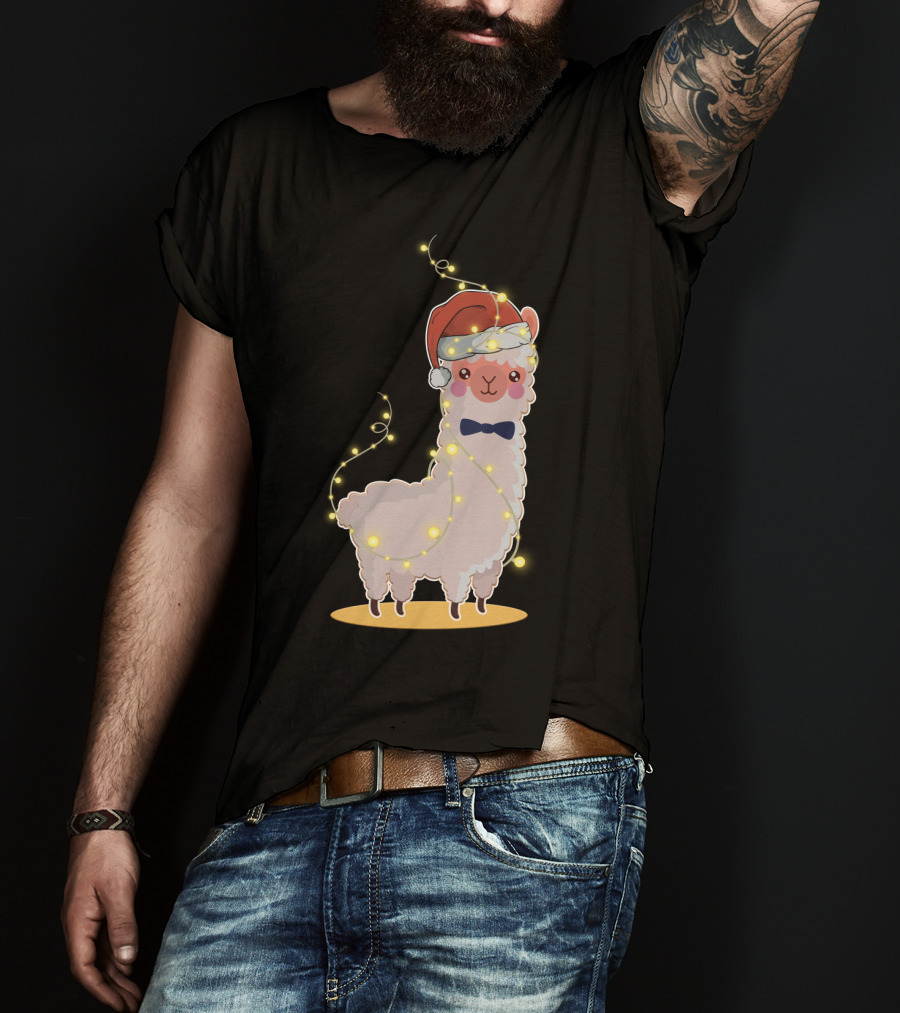 Alpaca Wrapped In Christmas Lights Wearing Santa Hat And Bow Tie T-Shirt
