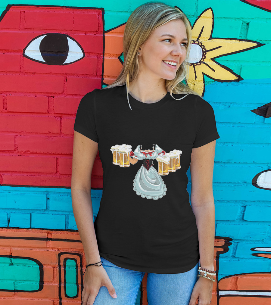 Dirndl Fraulein Oktoberfest Costume With Beer Mugs T-Shirt