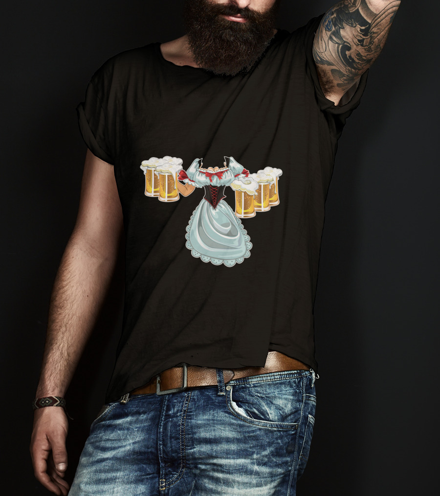 Dirndl Fraulein Oktoberfest Costume With Beer Mugs T-Shirt